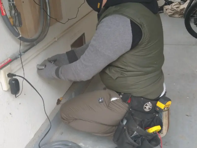 Electrician performing outlet wiring in a Magee garage